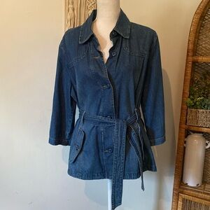 0063 vintage dark denim lightweight tie waist belted button up jacket XL